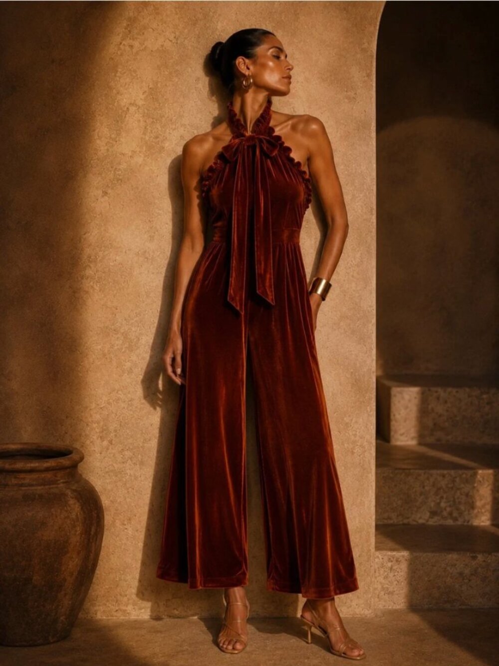 NWT Anthropologie Velvet Halter Jumpsuit | Burnt Copper Velvet | XS